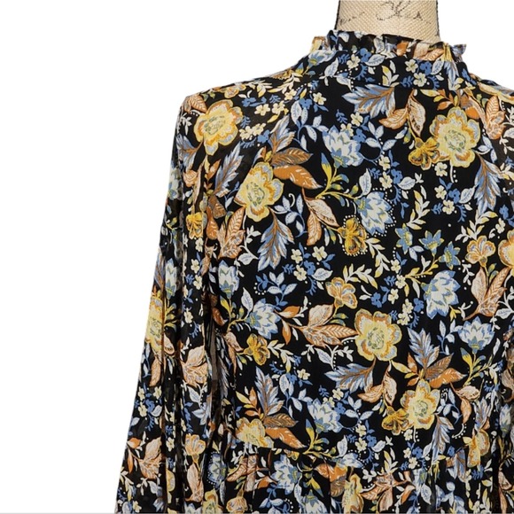 Lucky Brand Floral Print Maxi Dress Long Sleeve Ruffle Neckline Bohemian Style - Picture 3 of 10